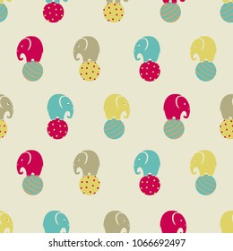 Seamless pattern with cute circus elephants on balls. Vector illustration.