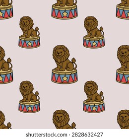 Seamless pattern with cute circus lion vector illustration on a podium