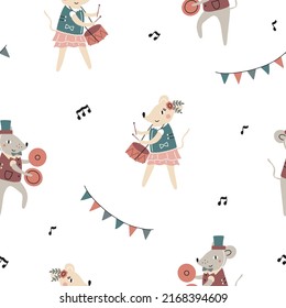 Seamless pattern with cute circus mice. Vector illustration isolated on white background for textile and nursery decoration.