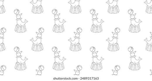 Seamless pattern with cute circus seal. Childish hand drawn monochrome line background.