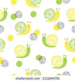 Seamless pattern with cute citrus snails.