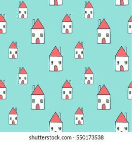 Seamless pattern - Cute city or village with red roof houses - vector hand drawn illustration. Cozy sweet home for a family, sketched minimalistic style building