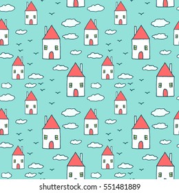 Seamless pattern - Cute city or village with red roof houses - vector hand drawn illustration. Cozy sweet home for a family, sketched minimalistic style building