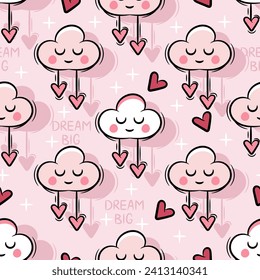 Seamless pattern cute cloud with heart on pink background