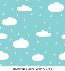 Seamless pattern of cute cloud with rain on sky background.Minimal style.Rainy season.Hand drawn cartoon.Pastel.Kawaii.Vector.Illustration.Illustrator.