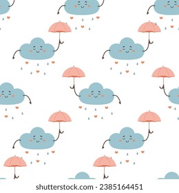 Seamless pattern cute cloud with umbrella, hearts 