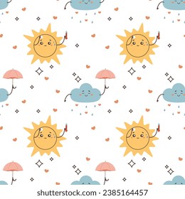 Seamless pattern cute cloud with umbrella, hearts 