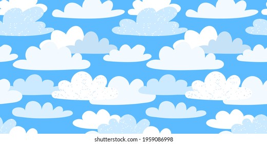 Seamless pattern cute clouds bright background. Seamless cute pattern with white clouds cartoon style print for kids clothes, scrapbook, notepad, fabric