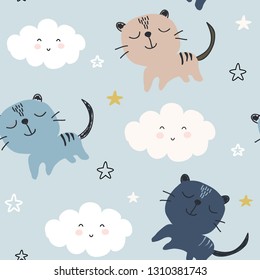 seamless pattern with cute clouds and cats. vector illustration