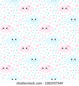 Seamless pattern cute clouds couple boy and girl baby in love with pink hearts, blue stars on white background. Romantic style endless texture. Children design cartoon background for Valentine's Day.