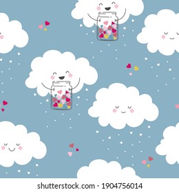 Seamless pattern with cute clouds. Kawaii clouds hold jars of hearts. Cartoon background. 