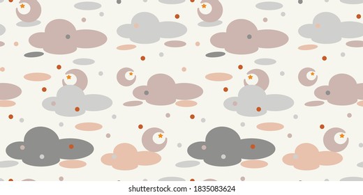 
Seamless pattern with cute clouds, moon and stars on a beige background. Children's illustration in a funny cartoon style. Baby vector illustration. Creative baby background for clothes
