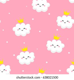 Seamless pattern with cute clouds princess and stars on pink background. Ornament for children's textiles and wrapping. Flat style. Vector.