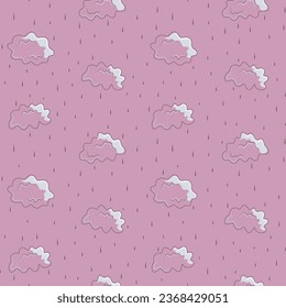 Seamless pattern with cute clouds and rain, line art.