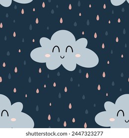Seamless pattern with cute clouds and rain in cartoon flat style. Celestial pattern perfect for scrapbook paper, decor, background, fabric. Adorable hand drawn vector design for kids