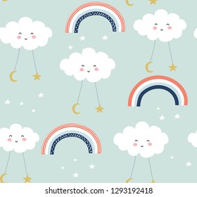 seamless pattern with cute clouds and rainbows. vector illustration