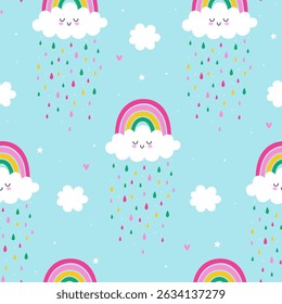 Seamless pattern with cute clouds, rainbows and rain. Vector graphics.