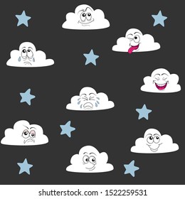 Seamless pattern with cute clouds and stars.