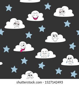 Seamless pattern with cute clouds and stars.