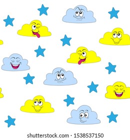 Seamless pattern with cute clouds and stars.