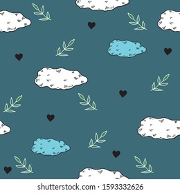 Seamless pattern with cute, clouds, twig with leaves and a heart. Baby print before bedtime. Vector hand drawn illustration.