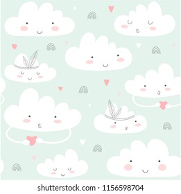 Seamless pattern with cute clouds. Vector illustration