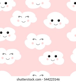 Seamless pattern with cute clouds. Vector, eps10. White clouds on pink background.