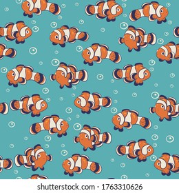 Patrón sin foco con peces payasos adorables. Gráficos vectoriales.