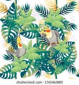 Seamless pattern cute cockatiel parrot sit with green leaves. Cartoon animal design flat vector illustration on white background