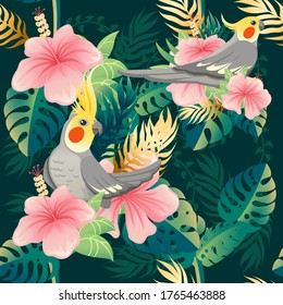 Seamless pattern cute cockatiel parrot sit with green leaves and pink flower. Cartoon animal design flat vector illustration on green background