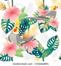 Seamless pattern cute cockatiel parrot sit with green leaves and pink flower. Cartoon animal design flat vector illustration on white background