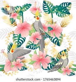 Seamless pattern cute cockatiel parrot sit with green leaves and pink flower. Cartoon animal design flat vector illustration on white background