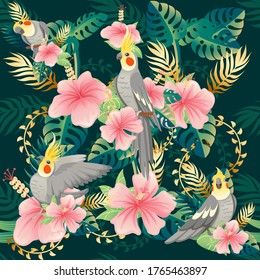 Seamless pattern cute cockatiel parrot sits on green leaves and pink flower. Cartoon animal design flat vector illustration on green background