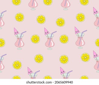 Seamless pattern with cute cocktail character and lemon - vector illustration, eps stock illustration