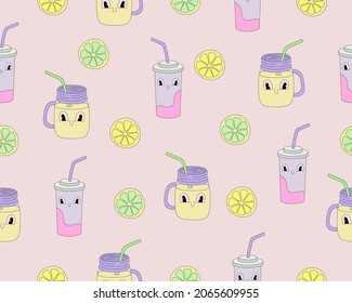 Seamless pattern with cute cocktail characters , lemon and lime slices - vector illustration, eps stock illustration