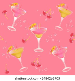 Seamless pattern with cute cocktails and cherries in pastel colors
