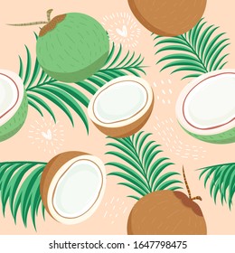 Seamless pattern cute coconut with leaf