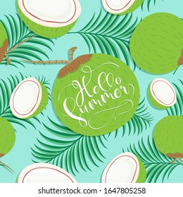 Seamless pattern cute coconut with leaf in the summer on green pastel background. Vector illustration.