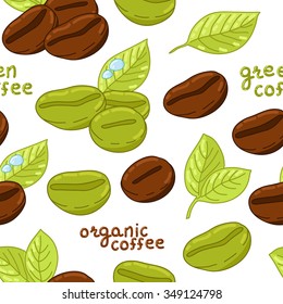 Seamless pattern with cute coffee beans and green leaves, water drops and typography. Vector background with hand drawn stylized coffee elements perfect for textile, menu or decorative paper