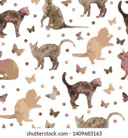 seamless pattern with cute coffee cats and butterflies isolated on white background. vector eps10