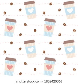 Seamless pattern with cute coffee cup and coffee beans. For wrapping paper, wall paper, background, patterned paper, scrapbooking, etc.