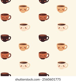 A seamless pattern of cute coffee cups with happy faces in various colors and sizes. The cups are filled with coffee and have a glossy finish. The background is a light cream color.
