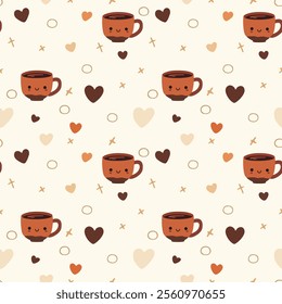 Seamless pattern of cute coffee cups and hearts in various shades of brown and beige on a white background.