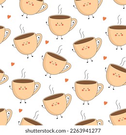 Seamless pattern with cute coffee mug character with smiling face, hands and legs. Funny, happy cartoon mascot. Vector flat illustration