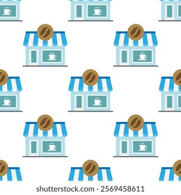 Seamless pattern of a cute coffee shop storefront with a blue and white awning. Vector illustration 