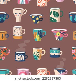 Seamless Pattern With Cute Coffee Or Tea Cups In Various Colors And Designs, Forming A Delightful And Charming Display