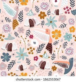 Seamless pattern with cute colibri birds and flowers . Creative blooming texture. Great for fabric, textile Vector Illustration