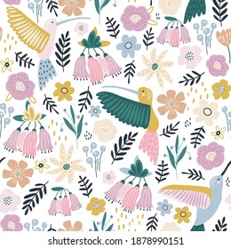 Patrón sin foco con lindos colibri pájaros y flores. Textura creativa de primavera. Excelente para tela, vectores textiles Ilustración