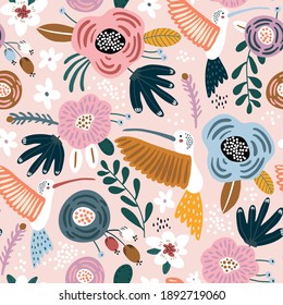 Patrón sin foco con lindos colibri pájaros y flores. Textura floral creativa. Excelente para tela, vectores textiles Ilustración