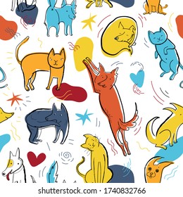 Patrón sin inconvenientes con perros y gatos de colores adorables. Textura infantil creativa con elementos de doodle dibujados a mano. Vector de arte pop Ilustración de personajes en diferentes poses y emociones.